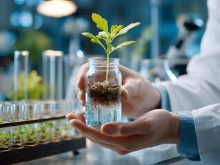 Hand holding plant in vial