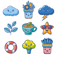 Cute cartoon vector set: cloud, potted plant, flower, lightning, leave, tea, teacup, star, lifebuoy, broccoli