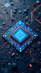 Fototapeta premium icon of a computer chip with layered circuits and glowing nodes, set on a dark textured paper background.