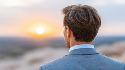 Fototapeta premium A businessperson standing on a hilltop overlooking a golden-lit city, symbolizing prime land opportunity
