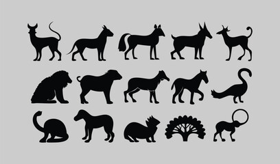 Obraz premium Vector collection of wild animal silhouettes including running camels, horses, elephants, and other farm and wild mammals