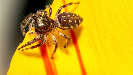 Close up of jumping spider on yellow leaf, macro picture.