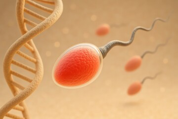 A captivating scientific visualization depicting sperm cells and the molecular structure of a dna double helix with advanced cellular detail.