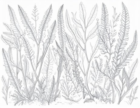 A detailed, vintage-style biology illustration of microalgae forming complex natural patterns. This scientific sketch represents the intricate beauty of the microscopic world