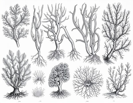 A detailed, vintage-style biology illustration of microalgae forming complex natural patterns. This scientific sketch represents the intricate beauty of the microscopic world