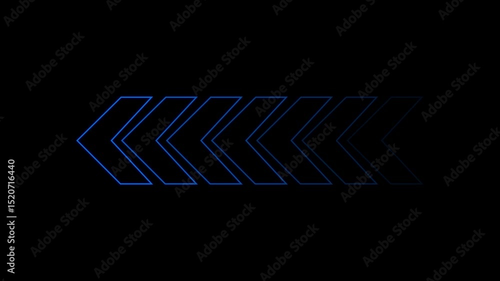 Poster animated sequence of neon blue chevron arrows pointing leftwards on a black background representing 
