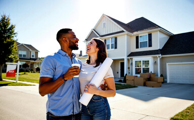 Happy Interracial Couple Standing with Blueprints in Front of a Newly Sold Suburban House.