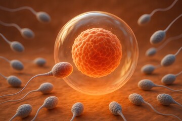 Microscopic illustration depicting the biology of fertilization with sperm cells approaching a human ovum in a colorful setting.