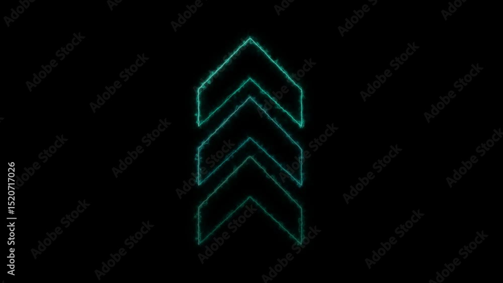 Poster glowing neon arrow upward movement on black background illustrating growth progress and success conc