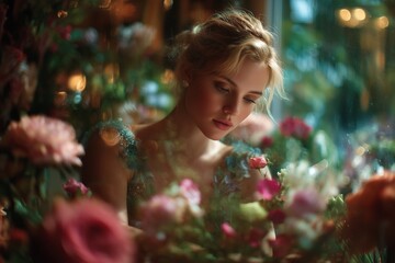 Elegant double exposure of a florist with rose petals and garden scenery, floral artistry