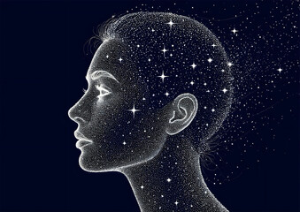 minimalist line art portrait of a surreal profile hundreds of tiny, shimmering stars, with intricate, cosmic-inspired dotted line detailing that resembles stardust, set against a rich, deep navy-blue 