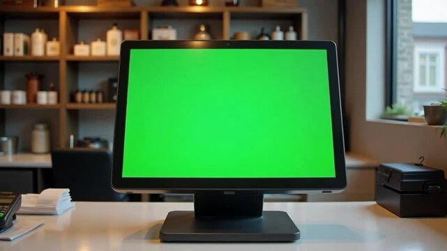 Green Screen POS System in Modern Retail Shop Setting Ideal for Business Presentations and Mockups