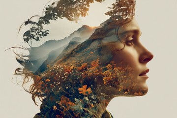 Double exposure portrait of a botanist with wildflower fields blending into face, nature research theme