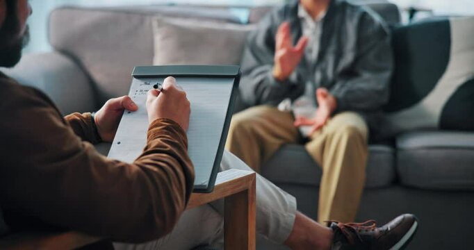 Person, talk and therapist writing for counseling notes of assessment, trauma and mental health. Patient, explain and consultation with psychologist, evaluation and information for medical treatment