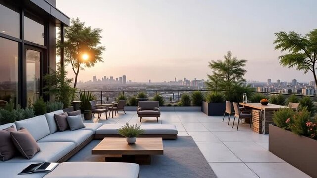 Stunning Rooftop Terrace Design featuring Modern Furniture and City Skyline Views at Sunset