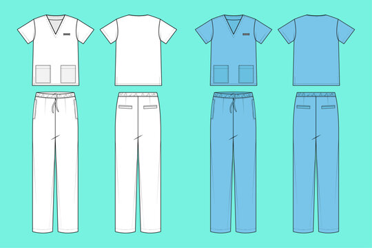 Unisex V neck short sleeve Modern medical Scrub set colour way fashion flat sketch CAD mockup front and back views.
