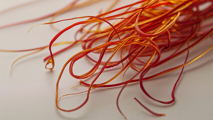 A bunch of red and orange strings are tangled together. Concept of chaos and disorder, as the strings are twisted and knotted in various directions. The colors of the strings create a warm