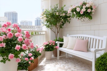 Fototapeta premium Pink roses decorating a relaxing balcony in the city