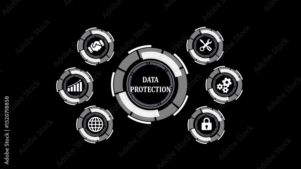 Poster animated data protection concept with futuristic interface and security icons on black background