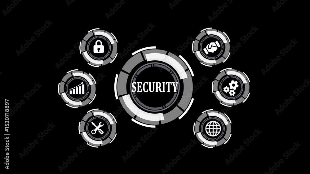 Poster futuristic interface showing data security and network protection with digital icons over black back