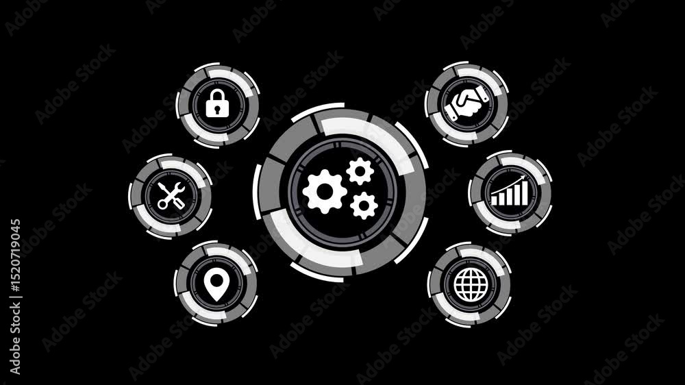 Poster digital interface animation with futuristic circular icons for business technology and data visualiz