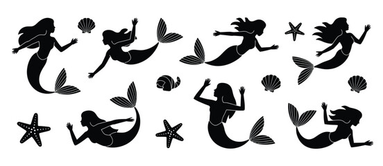 Silhouette Mermaids Set with Seashells and Starfish