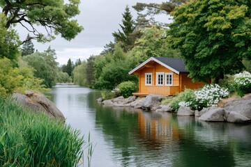 Wooden cabin reflecting on a calm lake surrounded by lush vegetation