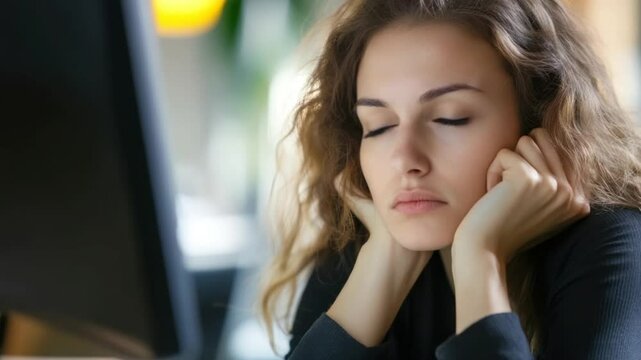 Woman sitting and looking at the computer looking thoughtful and pensive