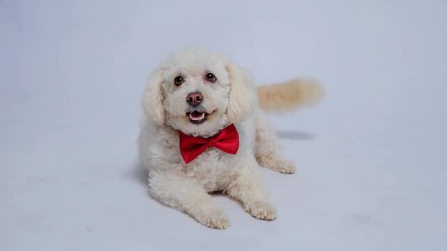 Adorable Poodle with Bow Tie: A charming poodle, adorned with a stylish red bow tie, strikes a pose, exuding elegance and playfulness. The image radiates warmth, charm, and canine delight.