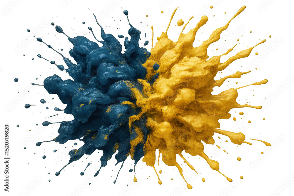 Poster blue and yellow paint splashing, creating a dynamic and colorful explosion on a transparent backgrou