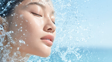 水しぶきに包まれる女性の潤いスキンケアビューティー