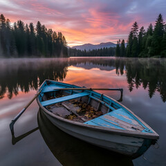 Obraz premium Serene Sunrise Over a Misty Lake with an Abandoned Rowboat