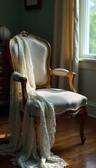 Delicate lace lingerie draped artfully on a chair, empty and suggestive of absence; a feeling of solitude and longing , intimate apparel, delicate fabric