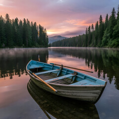 Obraz premium Serene Sunrise Over a Misty Lake with an Abandoned Rowboat