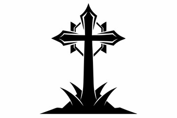 Stylized black cross with grass on a white background halloween, vector, silhouette,  illustration, horizontal, isolated assets, on transparent background