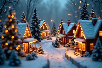 Enchanted christmas village at night with snow