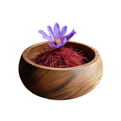 saffron thread in the wooden plate, isolated on the white background.
