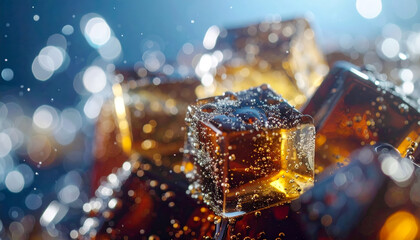 A close up of a few cubes of ice with a fizzing liquid inside. The cubes are partially melted and the liquid is bubbling. Concept of excitement and anticipation