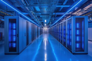 Modern Data Center with Blue LED Lighting and Rows of Server Racks in a High-Tech Environment