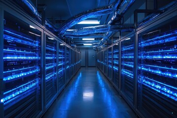 Modern Data Center with Blue LED Lights and Advanced Server Racks in a High-Tech Environment