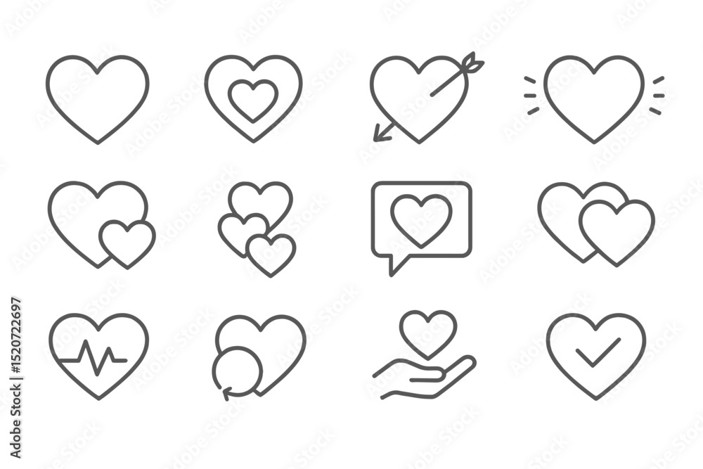 Poster heart icons representing love, affection, and emotions in a minimalistic design with various styles 