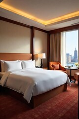 Luxurious hotel suite boasting a king-size bed, plush furnishings, and a breathtaking city view from the large window Enjoy the ultimate in comfort and elegance , pillows, serenity, decor