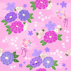 シームレス和柄 牡丹 桜 花束 ベクターデータ（ピンク）