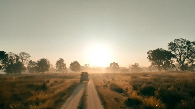 Beautiful sunlight in the forest with fog, foggy morning jungle safari in the forest of  kanha national park or tiger reserve madhya pradesh india asia