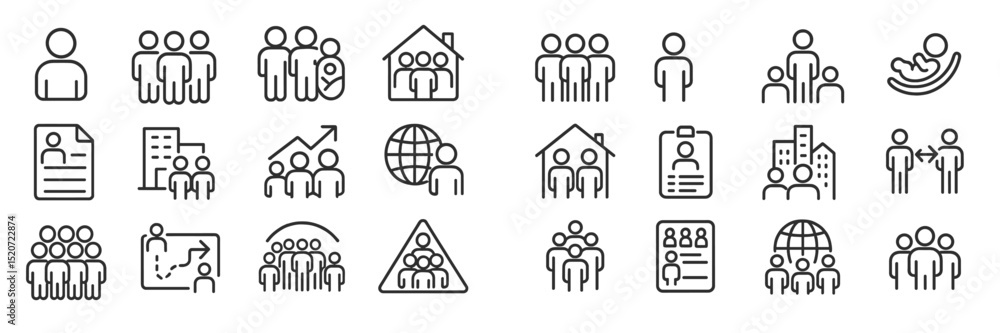 Poster collection of simple line icons representing various social groups, activities, and concepts in a mo
