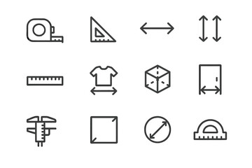 Measurement tools and symbols displayed in a grid format for educational purposes on dimensions