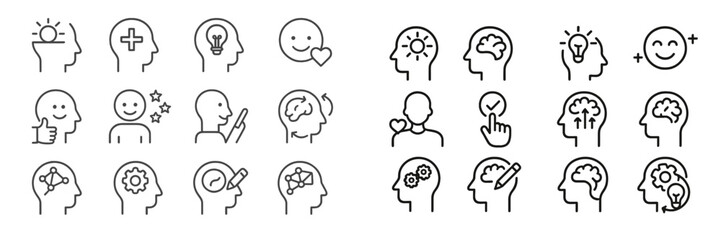 Diverse collection of line art icons depicting concepts of mental health and positive well-being