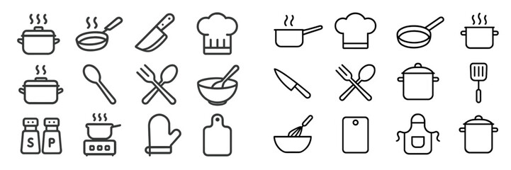 Kitchen utensils and cooking symbols represented in simple line art designs for culinary enthusiasts and chefs