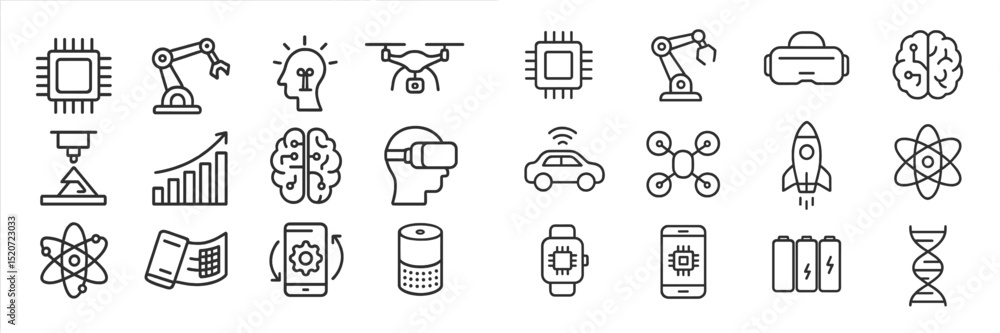 Poster collection of technology icons depicting various aspects of robotics, artificial intelligence, and m