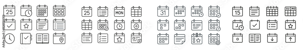 Poster calendar icons depicting various dates, events, and features for scheduling and planning activities 
